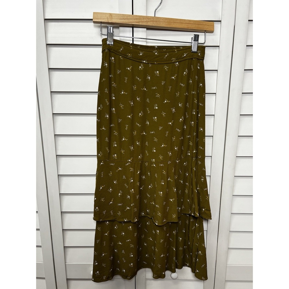 Madewell Olive Green Floral Midi Skirt